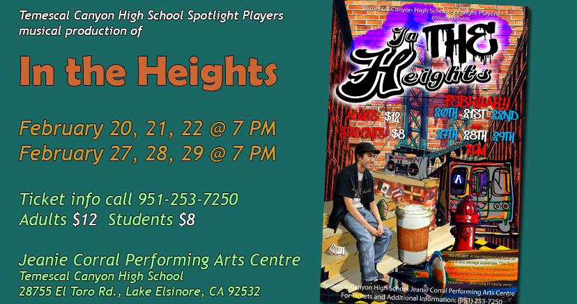 TCHS musical production of In the Heights presented February 20, 21, 22 and 27, 28, 29 at 7 PM, in the Jeanie Corral Performing Arts Centre.